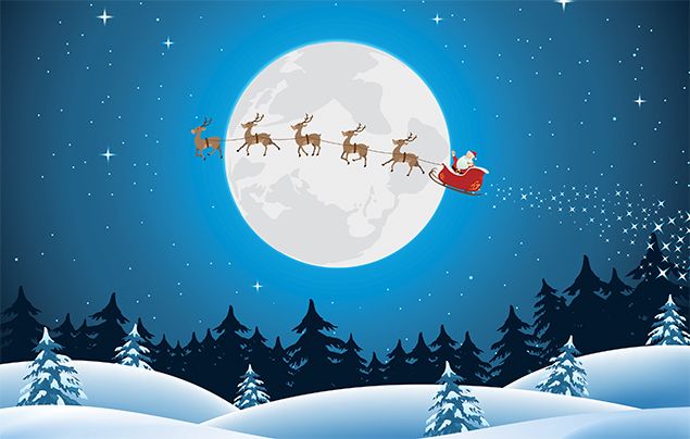 Santa sleigh and reindeer flying at dusk